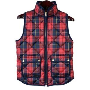 J Crew Excursion Down Puffer Vest Womens Sm Red Navy Tartan Plaid Full Zip F8419
